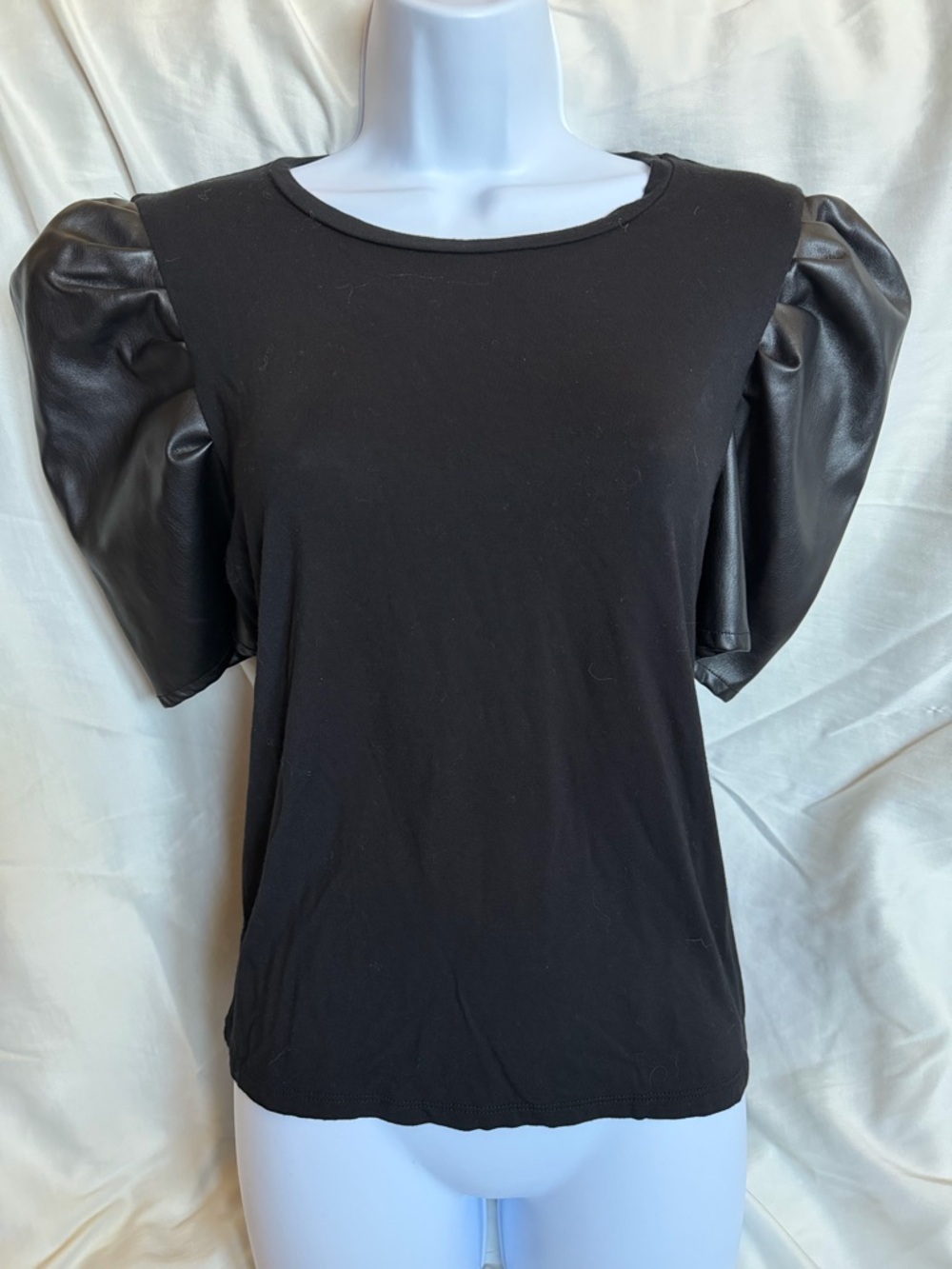 miami Black Puff Sleeve Top with Faux Leather Sleeves